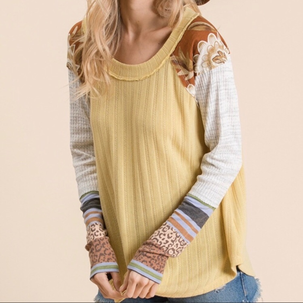 *3 for $30* Mustard boat neck floral striped top